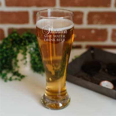 Tall Pilsner Beer Glass with Personal Message Traditional Fonts