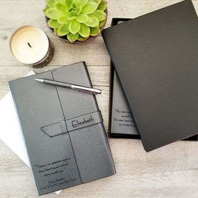 GREY REFILLABLE JOURNAL AND PEN BOX SET WITH PERSONALIZATION