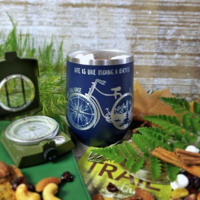 Adventure Bicycle 12 oz Insulated Stemless Wine Glass with Personalization