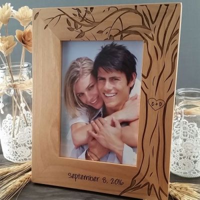 Wood Frame 5x7 with Tree design and carved initals