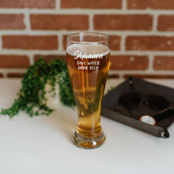 pilsner glass, custom pilsner glass, personalized pilsner mug, modern font engraving, engraved pilsner glass, unique beer gift, custom glassware, personalized drinkware, dishwasher safe glass, tall beer glass