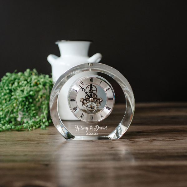 engraved crystal clock, custom crystal clock, personalized clock, retirement gift, anniversary gift, academic achievement clock, professional milestone gift, personalized timepiece, gift for achievements