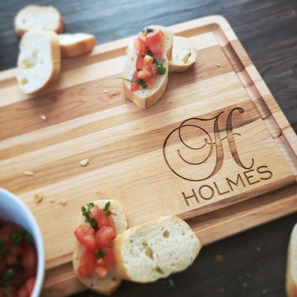 Love Themed Personalized Maple Cutting Board with Groove and Well - Corner Design