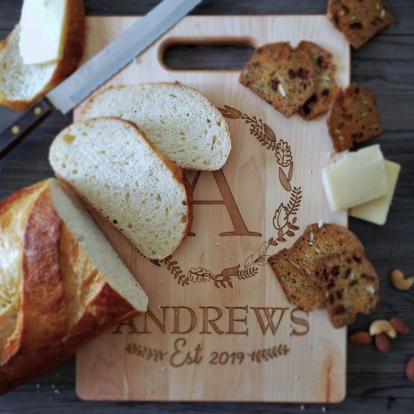 Family Name with Foliage, Branches or Greenery Personalized Maple Handle Cutting Board