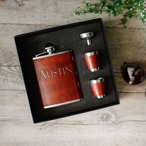 Engraved Graduation Leatherette Flask and Shot Glass Set