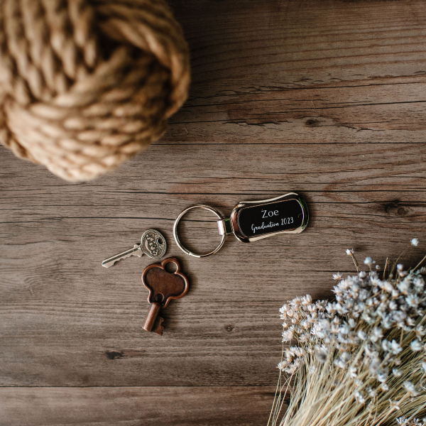 Graduation Keychain with Personalization in Modern Fonts - Black Metal