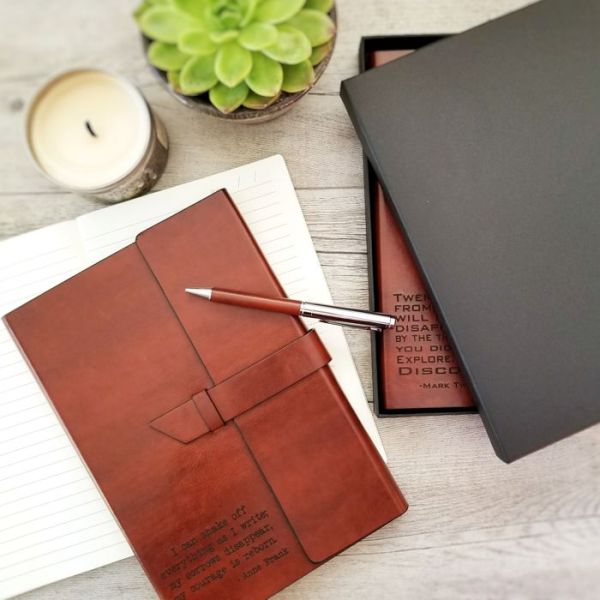 BROWN REFILLABLE JOURNAL AND PEN BOX SET WITH PERSONALIZATION