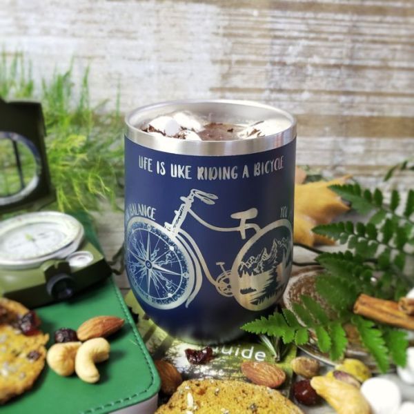 Adventure Bicycle 12 oz Insulated Stemless Wine Glass with Personalization