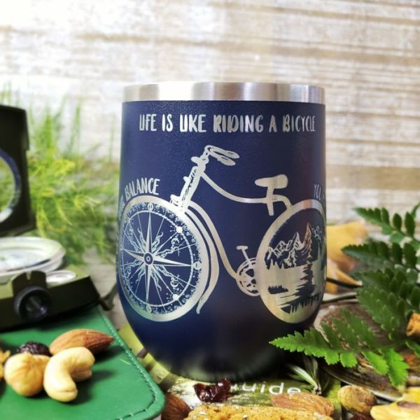 Adventure Bicycle 12 oz Insulated Stemless Wine Glass with Personalization