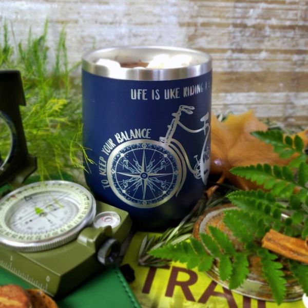 Adventure Bicycle 12 oz Insulated Stemless Wine Glass with Personalization