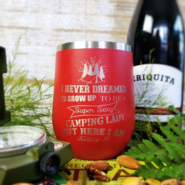 Camping Series 12 oz Insulated Stemless Wine Glass with Personalization
