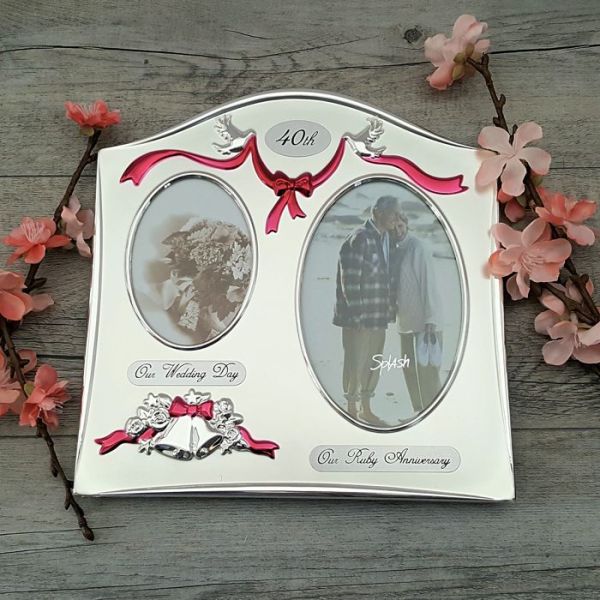 Silver Floral Double Then Now 40th Ruby Anniversary Photo Picture Frame Gift 