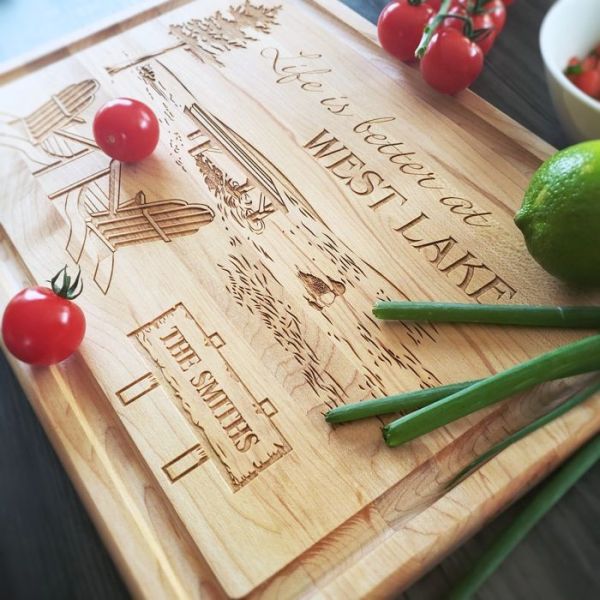 Lake Themed Personalized Maple Cutting Board with Groove