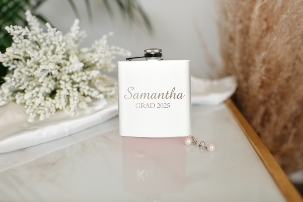 White Custom Graduation Flask - Traditional Fonts