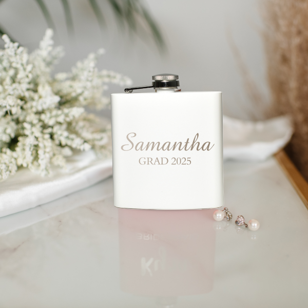 White Custom Graduation Flask - Traditional Fonts