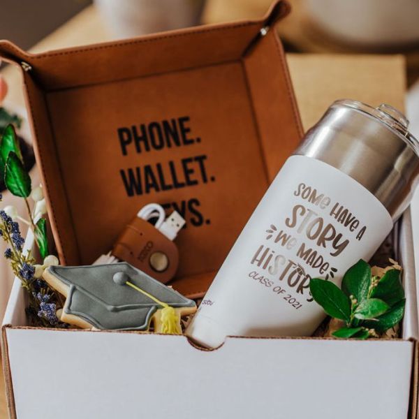 The Giving Box - Personalized White Tied Tumbler and Catch All Tray 