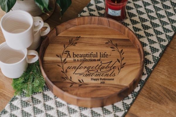 Wood acacia tray, retirement, a beautiful collection of unforgettable moments